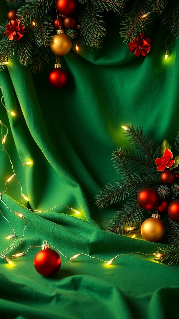Festive green Christmas background with ornaments and lights.